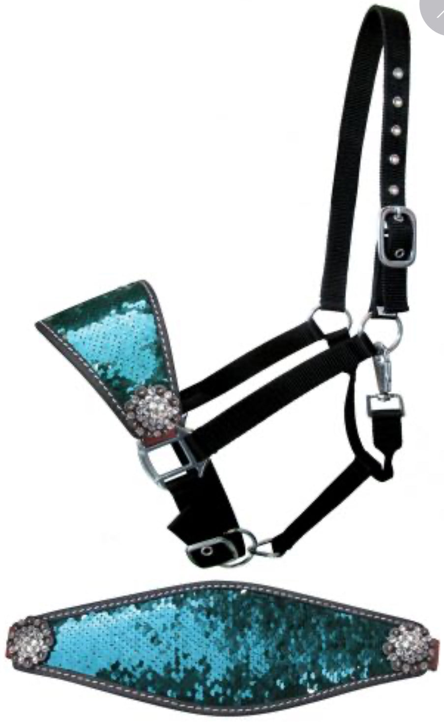 Nylon bronc halter with turquoise and silver sequins inlay