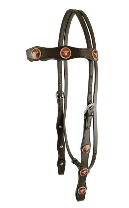 BROWBAND HEADSTALL with STEER Head Conchos 5/8" x 6' Leather Split Reins