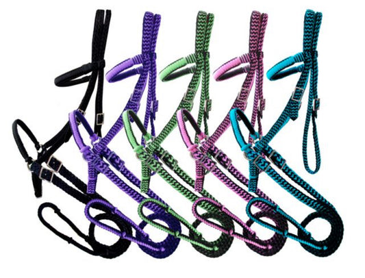 Braided nylon bitless bridle with reins