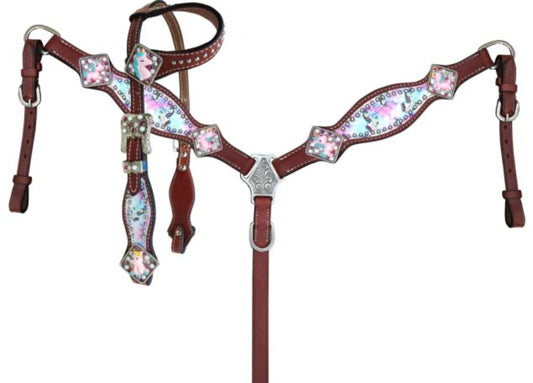 Showman Pony Tie Dye Unicorn Print Leather Headstall & Breast Collar Set