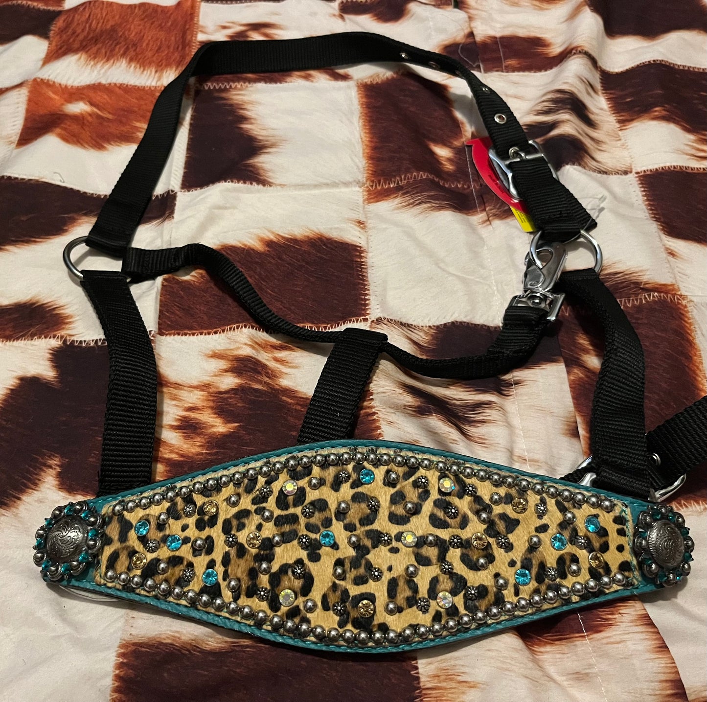 Nylon bronc halter with hair on cheetah print and turquoise leather accent