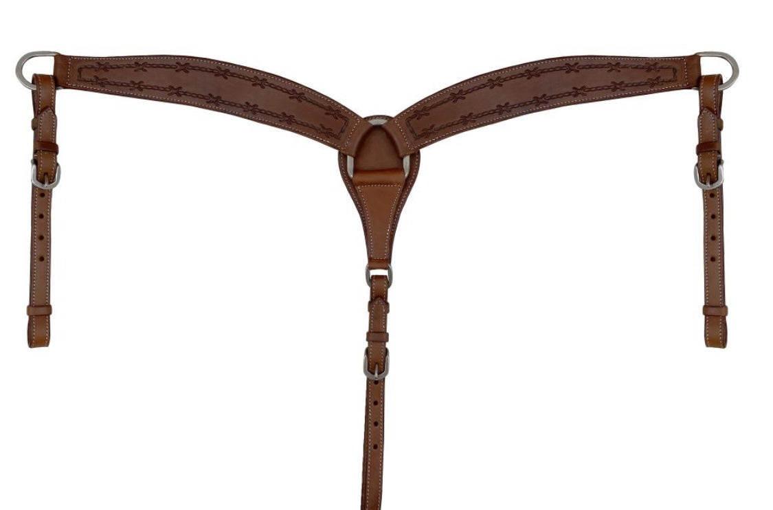 Argentina Cow Leather Tapered Breast Collar - Barbed Wire Tooling