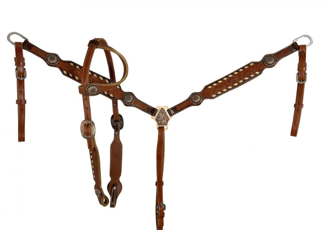 Floral tooled Leather One Ear Headstall and Breast Collar Set