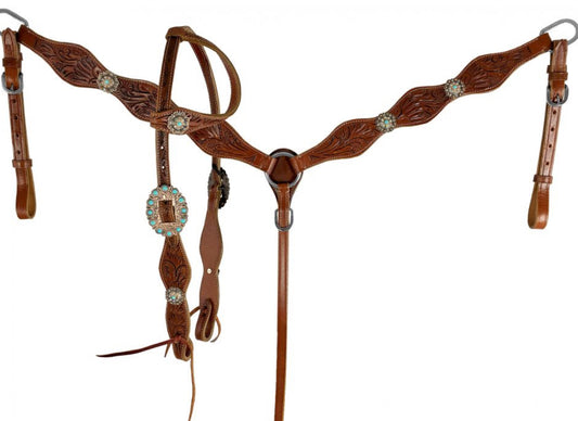 Medium oil leather one ear headstall and breast collar set with floral tooling and silver conchos