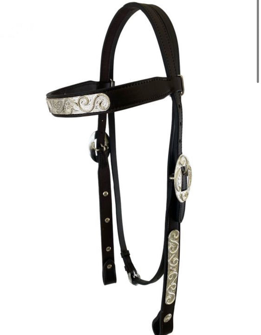 Western Horse Silver Show Browband Headstall / Bridle + Reins Dark Oil