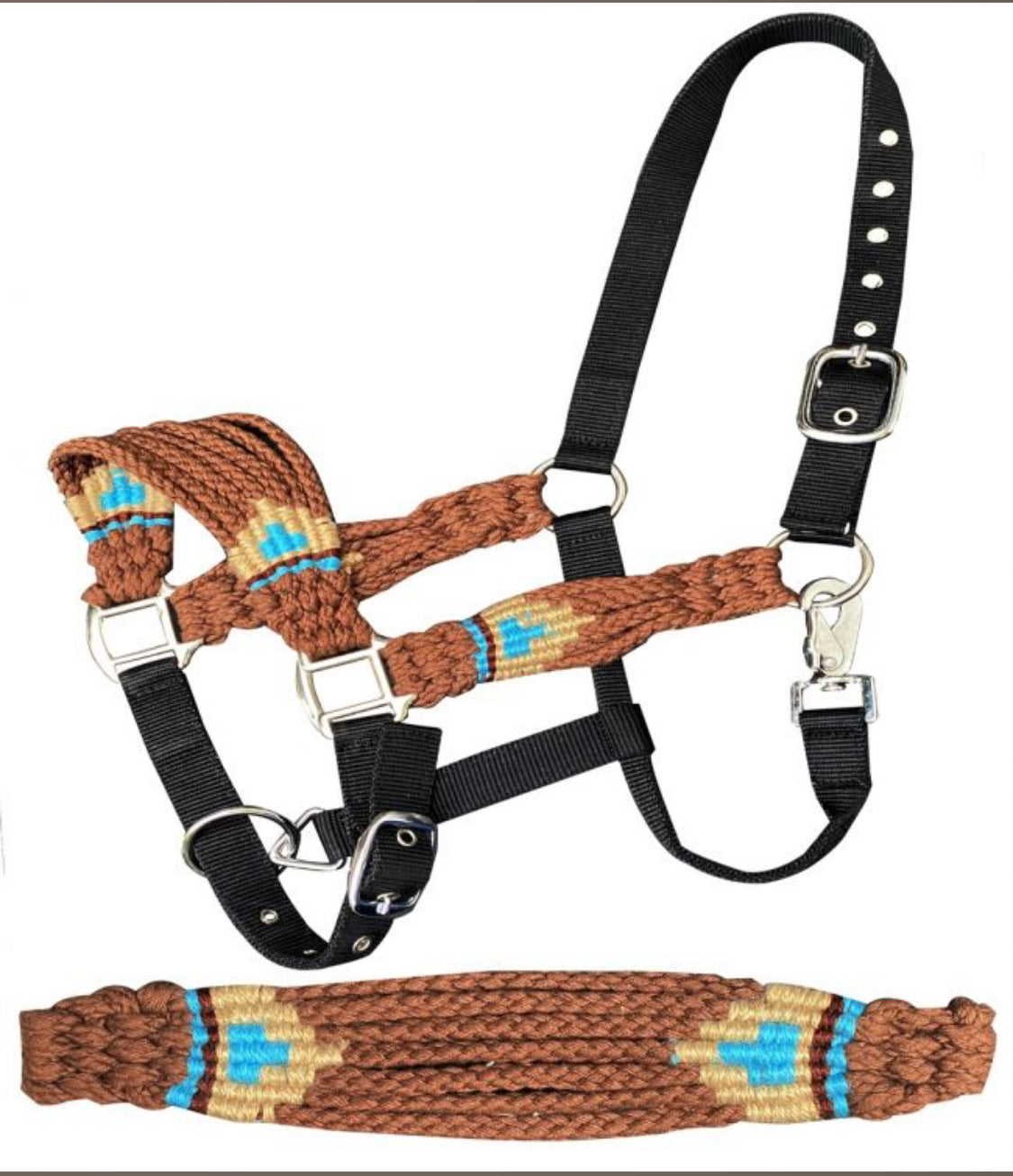 Adjustable nylon bronc halter with wool blend string noseband