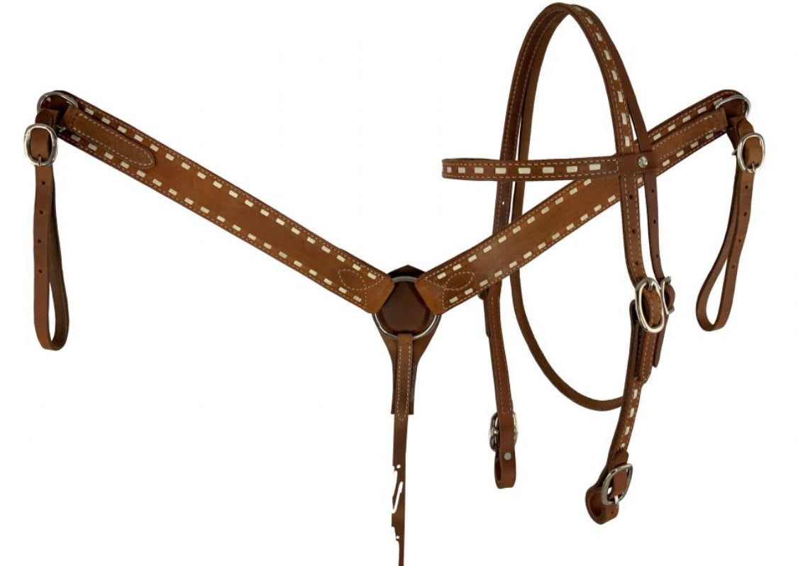 Showman Argentina Cow Leather buck stitched headstall and breast collar set with reins