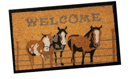 Welcome Horses at Fence Design Outdoor Door Mat