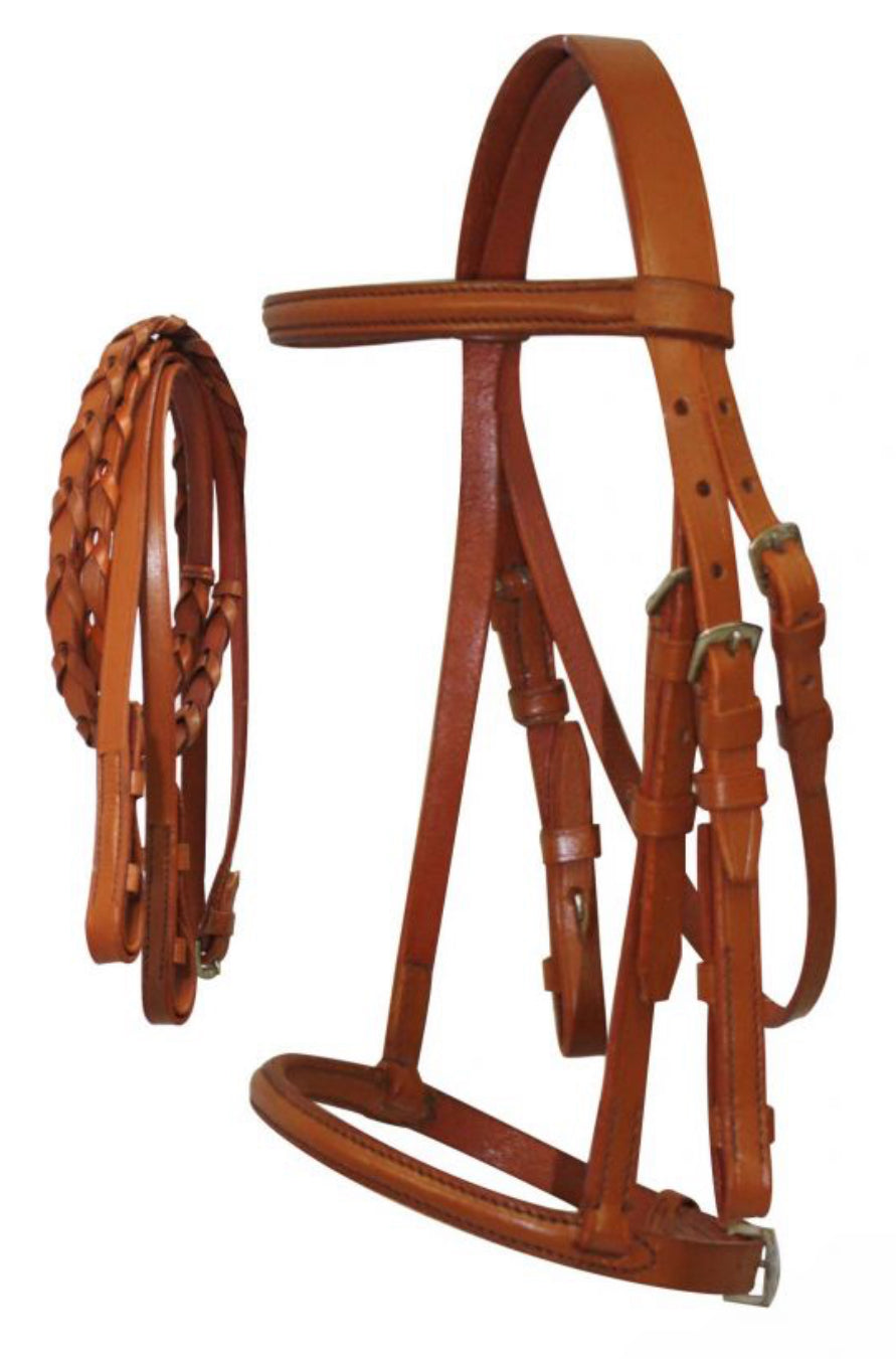 Pony Size English headstall with raised browband and braided leather reins