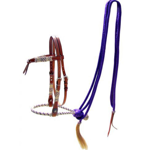 leather futurity knot headstall with purple rawhide braided bosal and purple nylon mecate reins