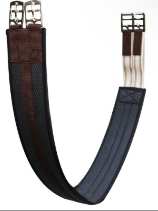 Showman neoprene English girth. Girth has double stainless steel buckles on both ends and elastic on one end