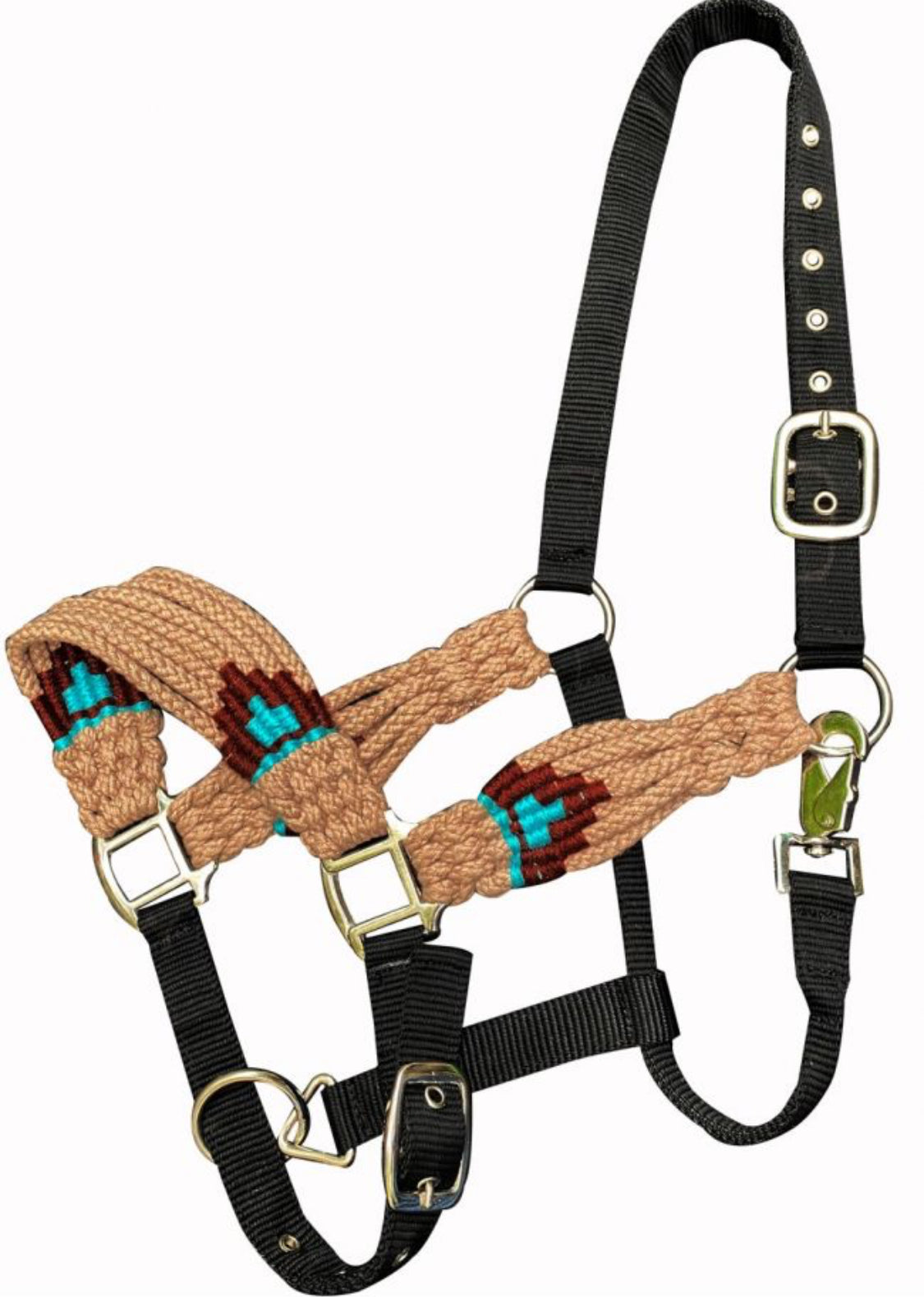 Adjustable nylon bronc halter with wool blend string noseband