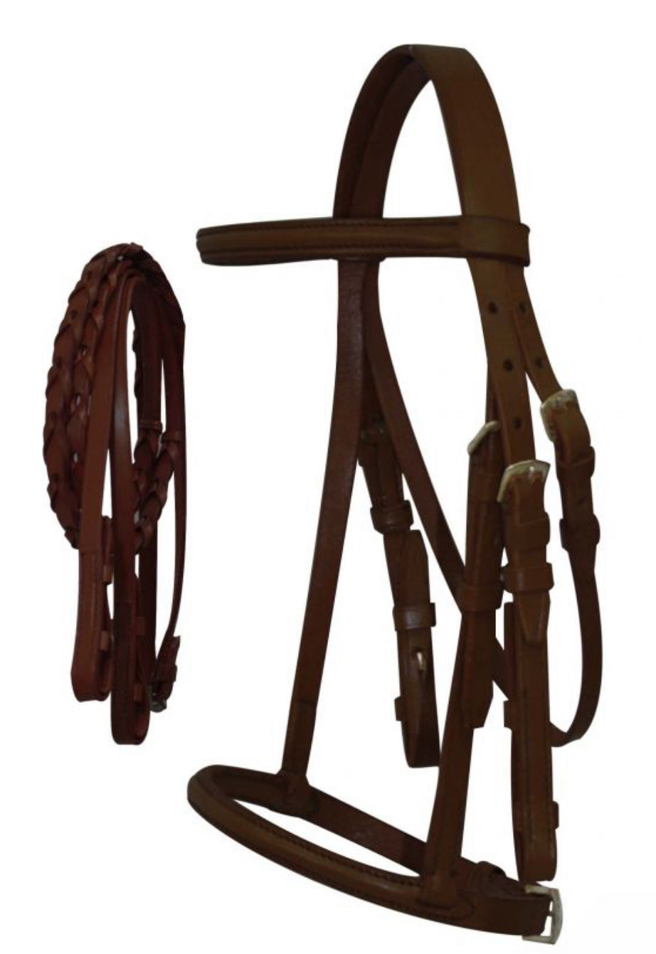 Cob Size English headstall with raised browband and braided leather reins