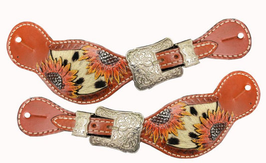 Ladies spur straps with painted sunflower and hair on cowhide inlay