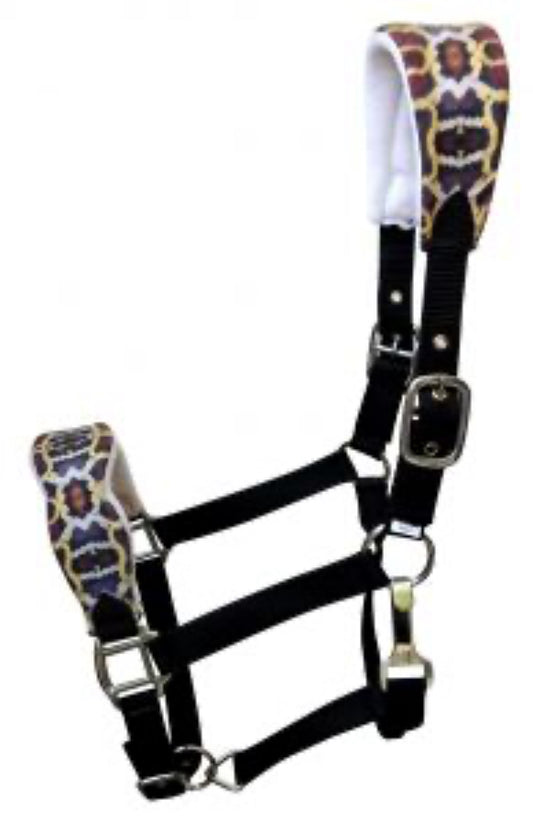 Adjustable black nylon bronc halter with a padded python noseband and crown