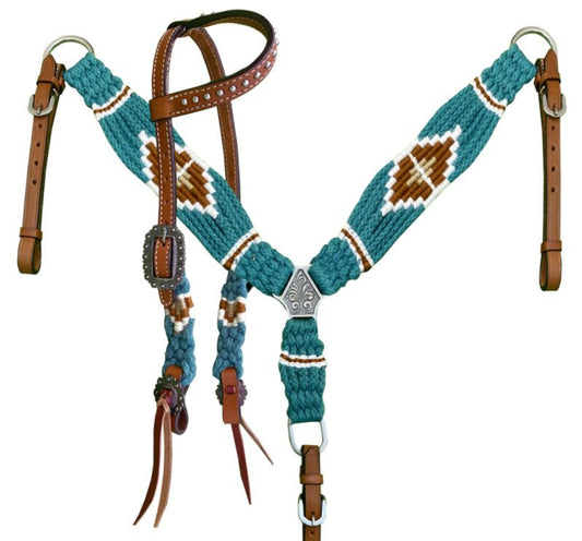 Pony Size Corded One Ear Headstall & Breast collar set - Teal and Brown