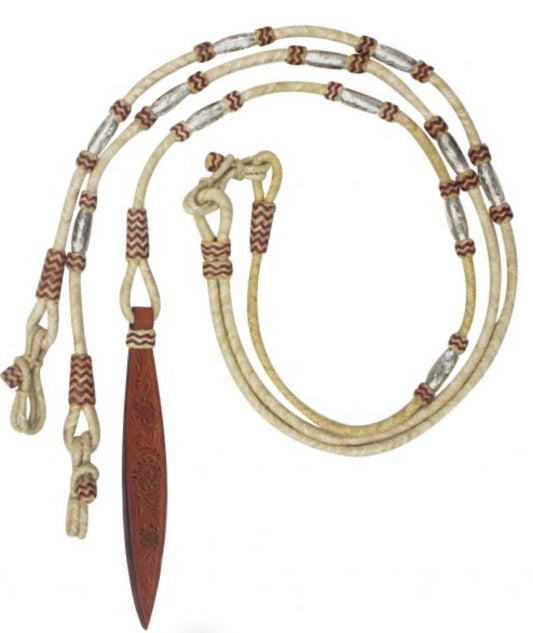 Romal Braided Natural Rawhide Romal Reins with floral tooled design on Leather Popper