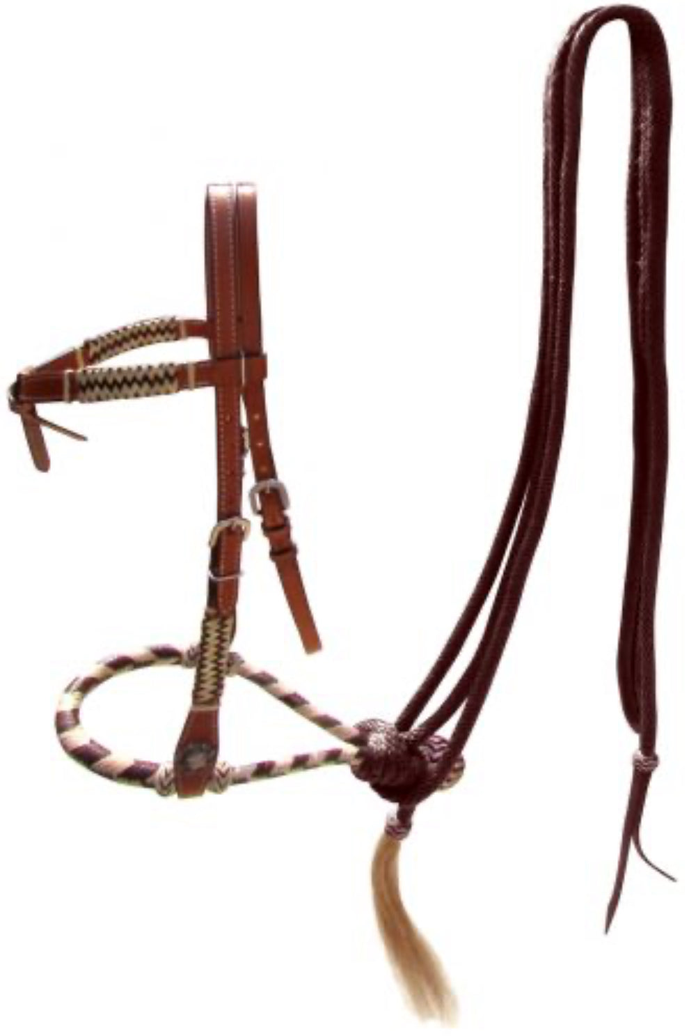 Showman leather futurity knot headstall with brown rawhide braided bosal and brown nylon mecate reins