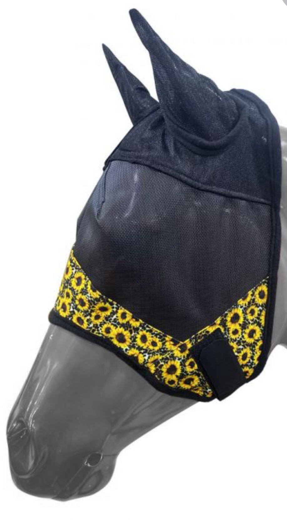 Sunflower & Cheetah Print accent horse size fly mask with ears