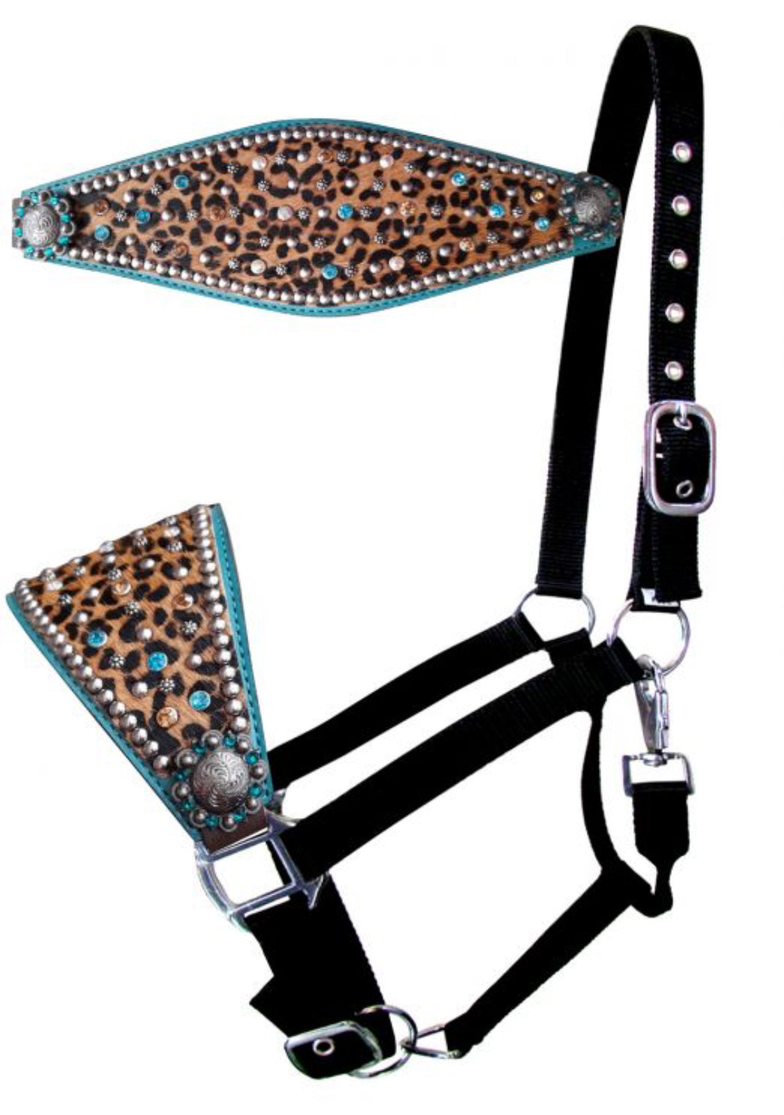 Nylon bronc halter with hair on cheetah print and turquoise leather accent